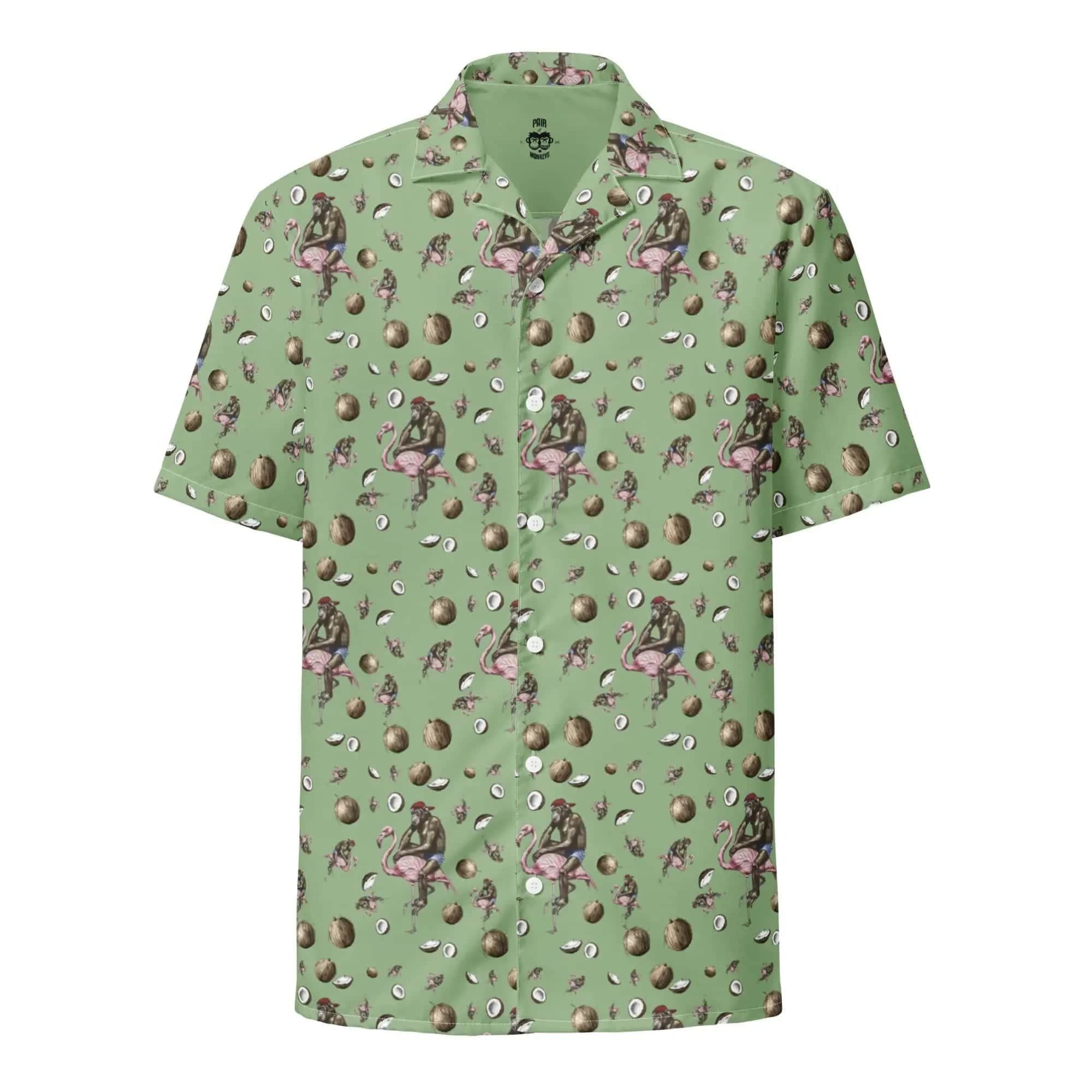 Artistic Fusion: Original Patterned Designs. Short Sleeve Shirt. Flamingo and Monkey. - Pair Of Monkeys